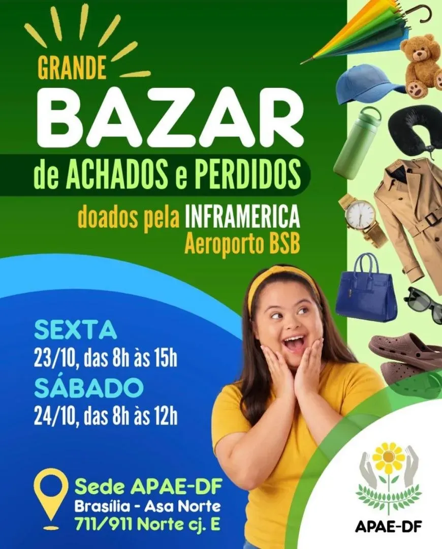 Cartaz do Grande Bazar de Achados e Perdidos da APAE-DF, com roupas, bolsas, óculos e garrafas doados pela Inframerica