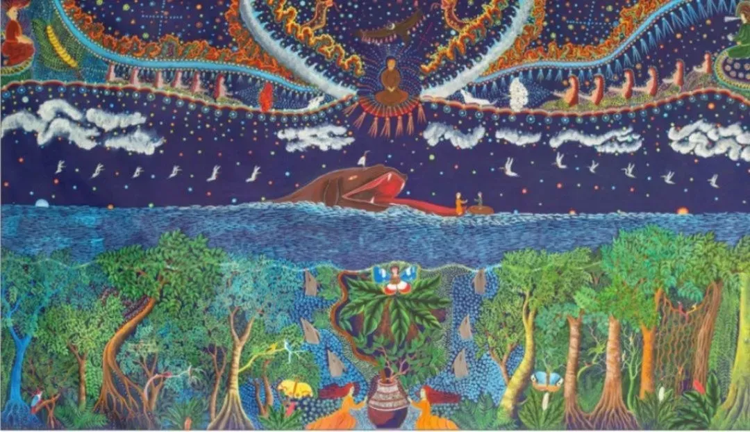 Pintura colorida de Dimas Paredes com floresta, rio, animais e seres espirituais da Amazônia peruana