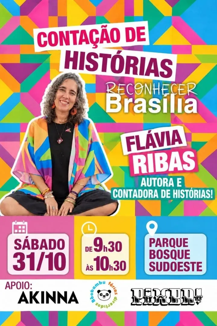Cartaz da contação de histórias com a autora Flávia Ribas no Parque Bosque Sudoeste, sábado, 31 de outubro, das 9h30 às 10h30
