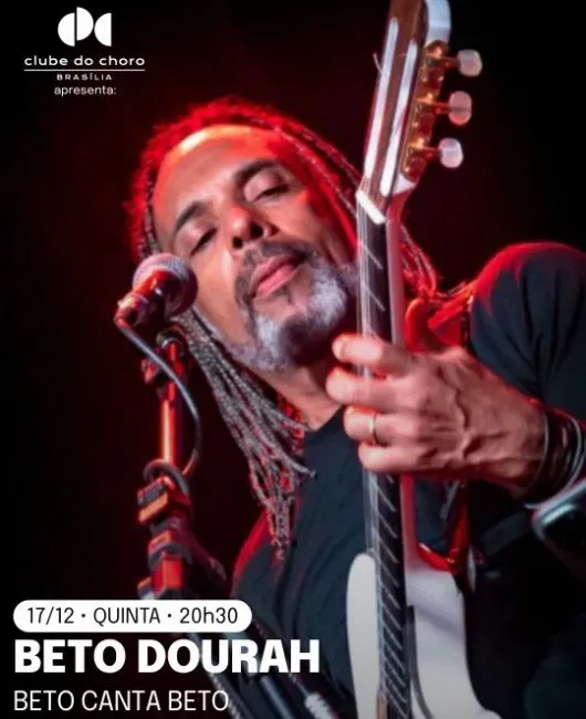 Cartaz do show Beto Canta Beto, com Beto Dourah de olhos fechados cantando ao microfone com guitarra