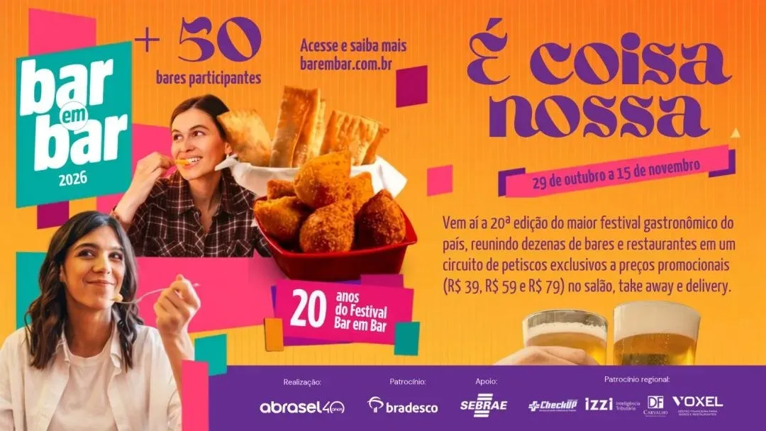 Cartaz do Festival Bar em Bar 2026, com o tema É coisa nossa, petiscos e os preços de R$ 39, R$ 59 e R$ 79