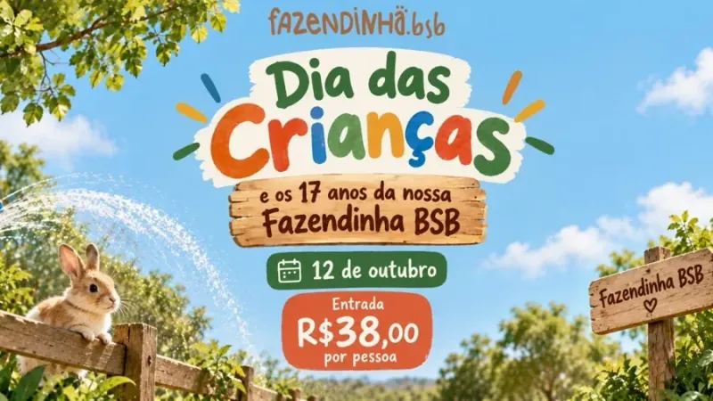 12/10 (segunda), das 9h às 18h, do Dia das Crianças na Fazendinha BSB
