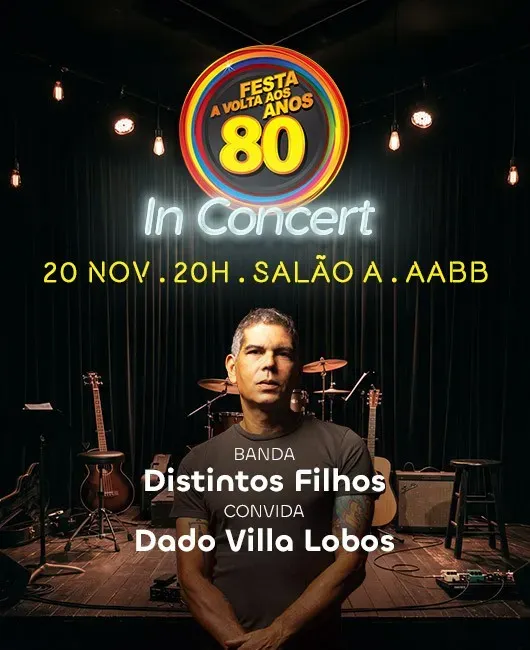 Cartaz da festa A Volta aos Anos 80 In Concert, com foto de Dado Villa-Lobos e o texto Banda Distintos Filhos convida Dado Villa-Lobos